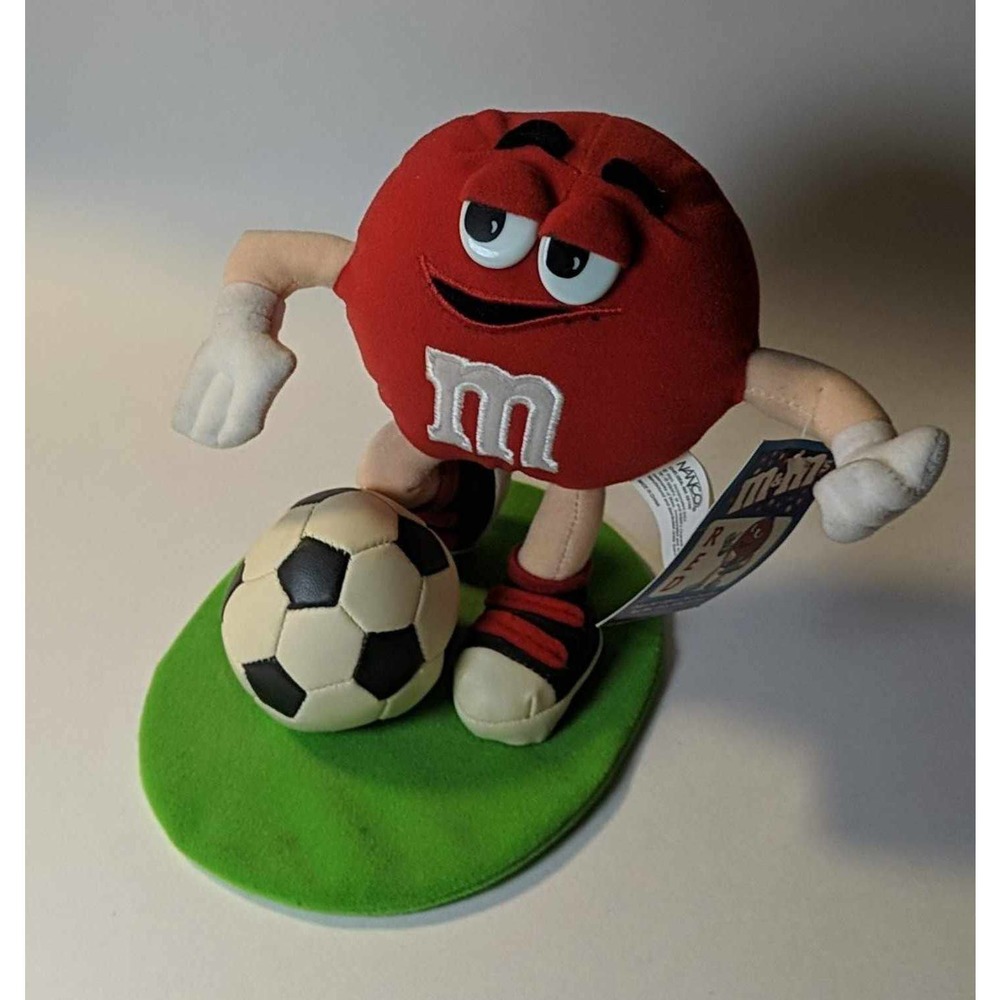M&M Red Character Stuffed Plush Playing Soccer NWT 2001 7" Tall - Rare!